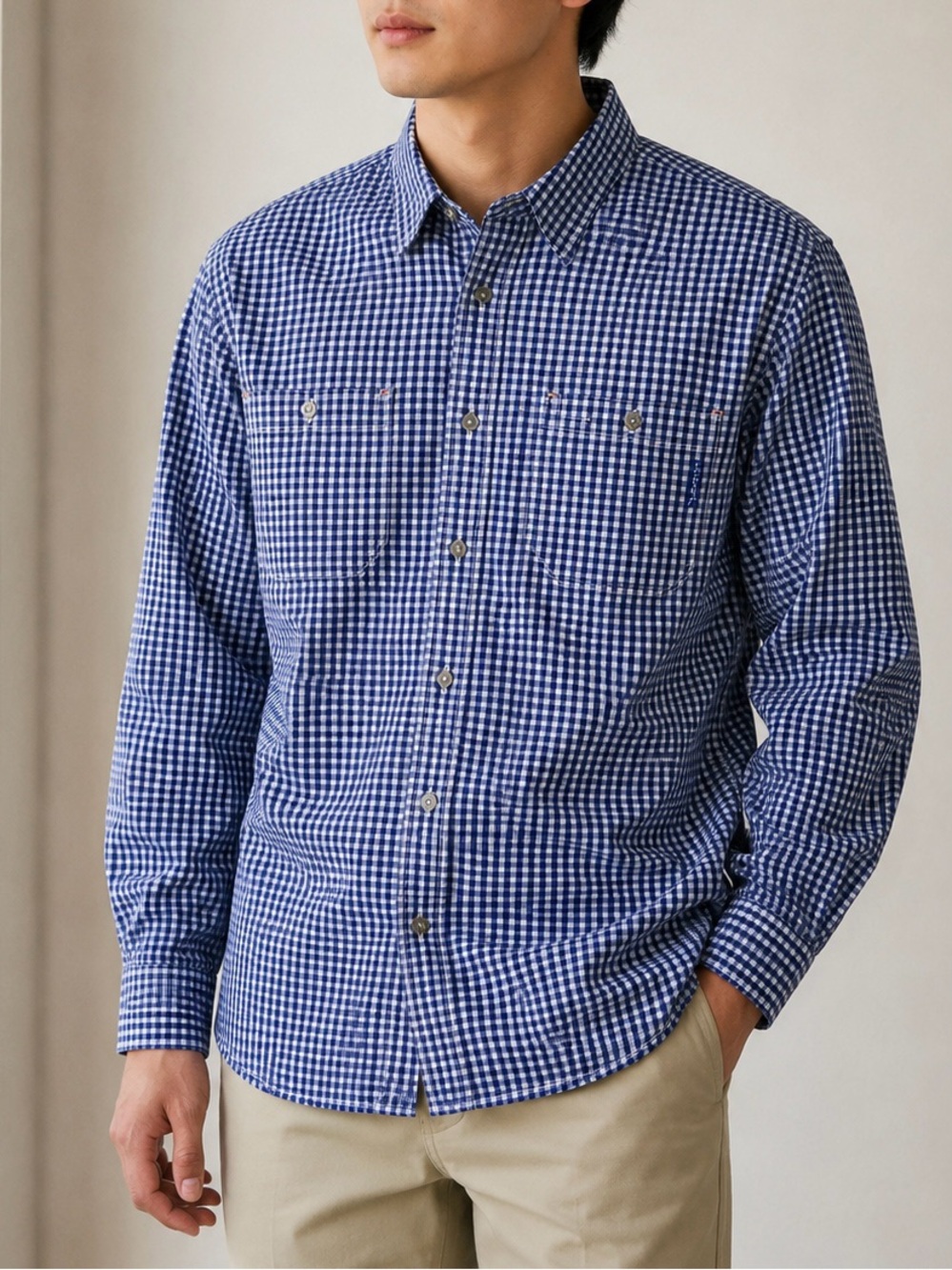 Orvis Blue and White Gingham Button-Down Shirt Size L